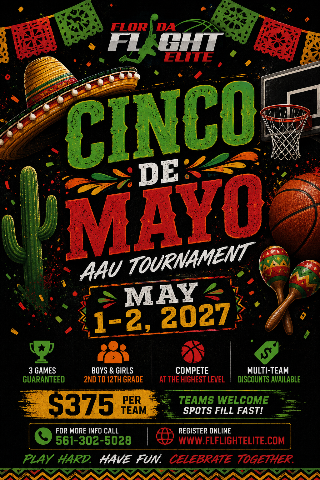 Official event flyer for Cinco de Mayo Shootout AAU basketball tournament