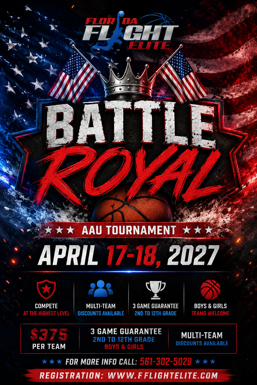 Official event flyer for Battle Royal AAU basketball tournament